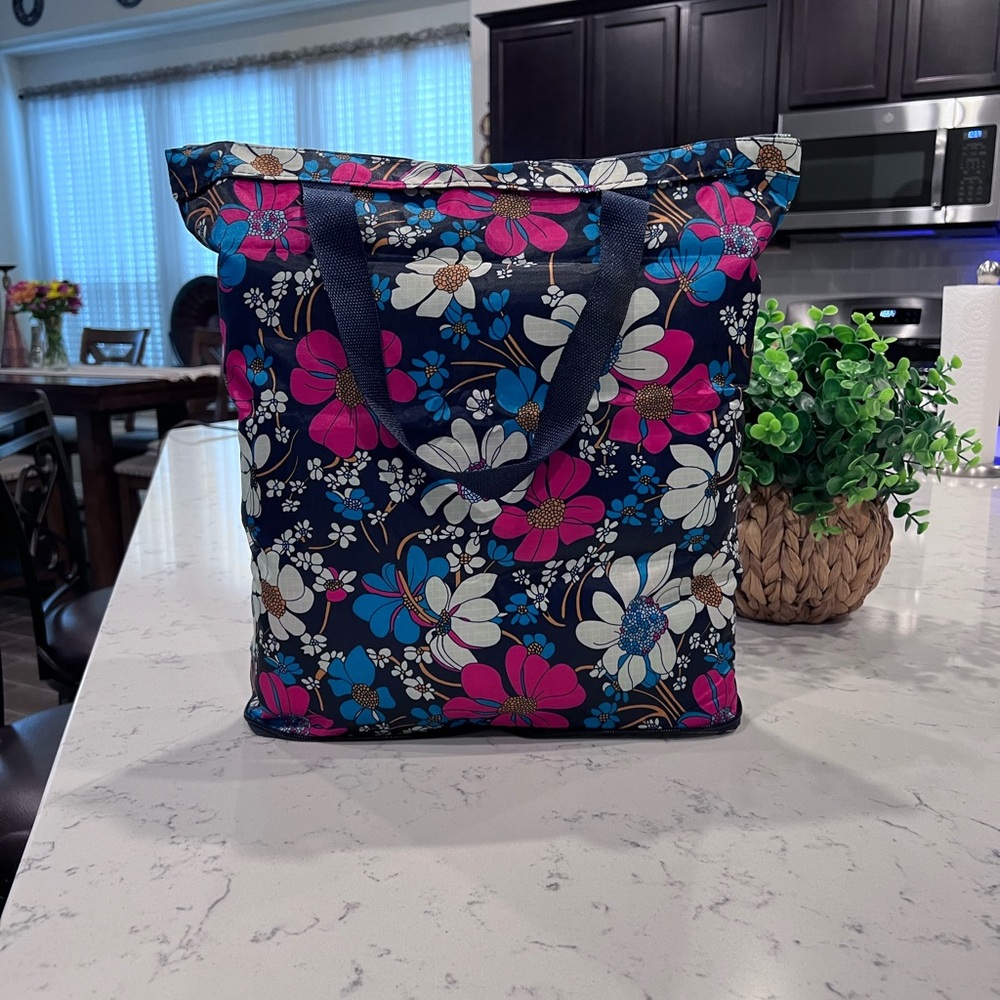 NWT - Beautiful Vibrant Blue & Pink Floral Waterproof FOLDABLE Tote Bag